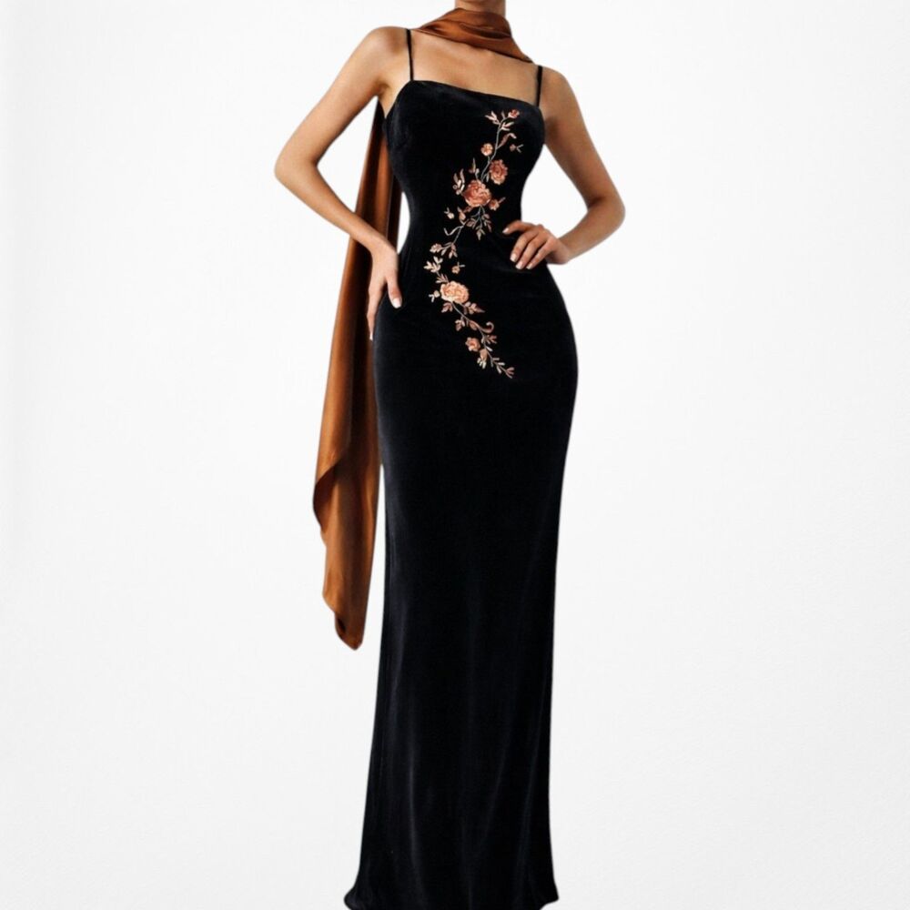 Vintage Black Velvet Knit Floral Embroidered Side Slit Maxi Bodycon Prom Dress S